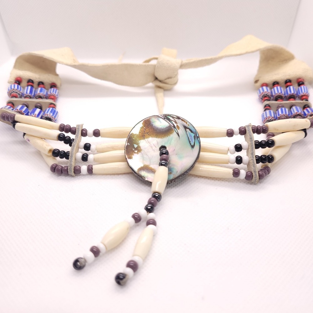 Abalone Shell Bone Bead Choker Necklace Leather Tie Southwestern Tribal Statemen